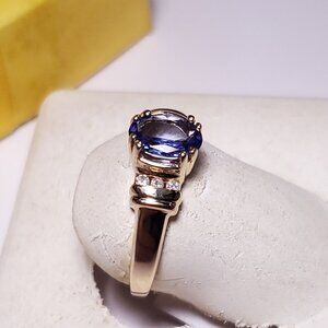 Estate .85ctw Natural Oval Tanzanite/Rd Diamond 14Kt Y/Gold Bar sides Ring#22594